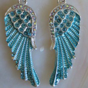 ANGEL Fairy Wings Pierced EARRINGS Blue Sparkly (K261)